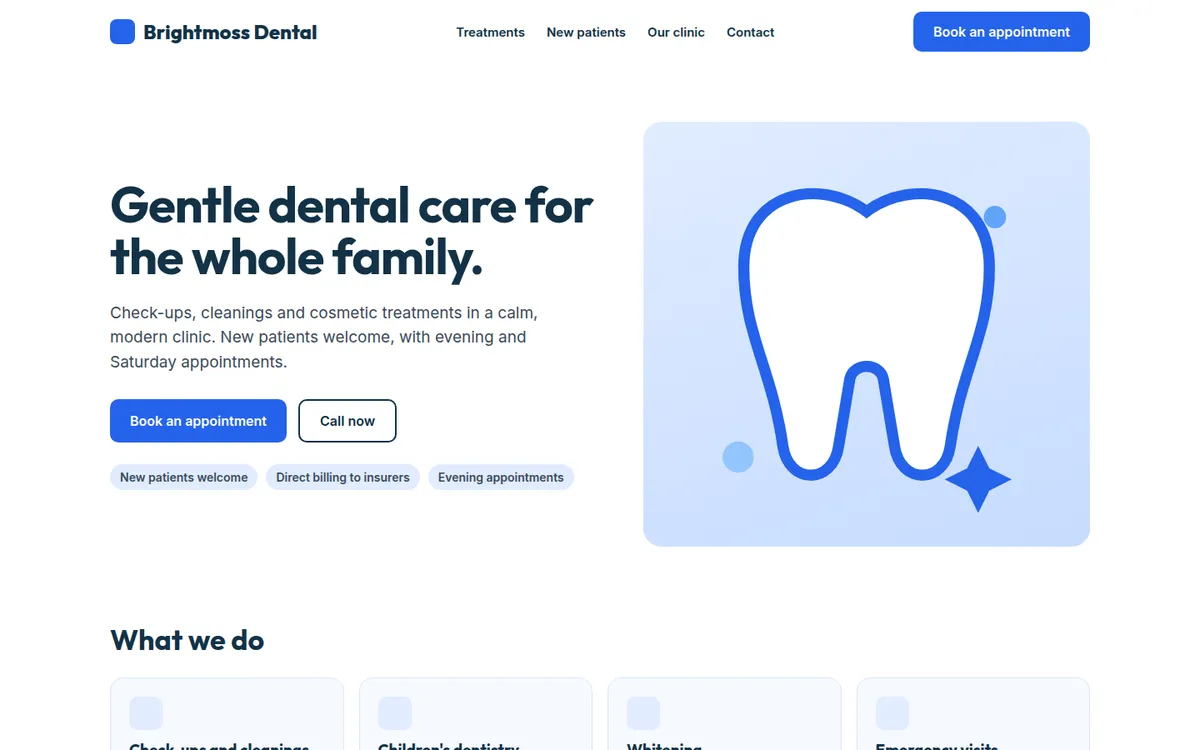 Sample homepage design for a fictional dental clinic, desktop view