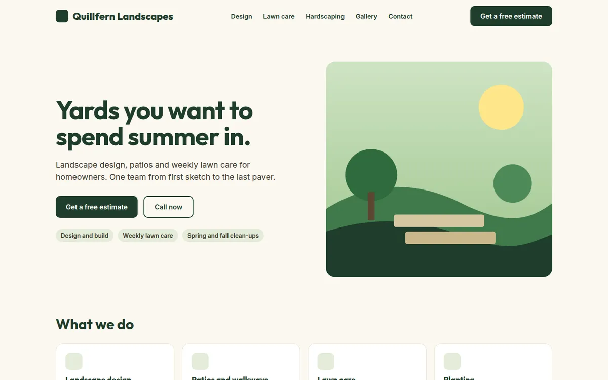 Sample homepage design for a fictional landscaping company, desktop view
