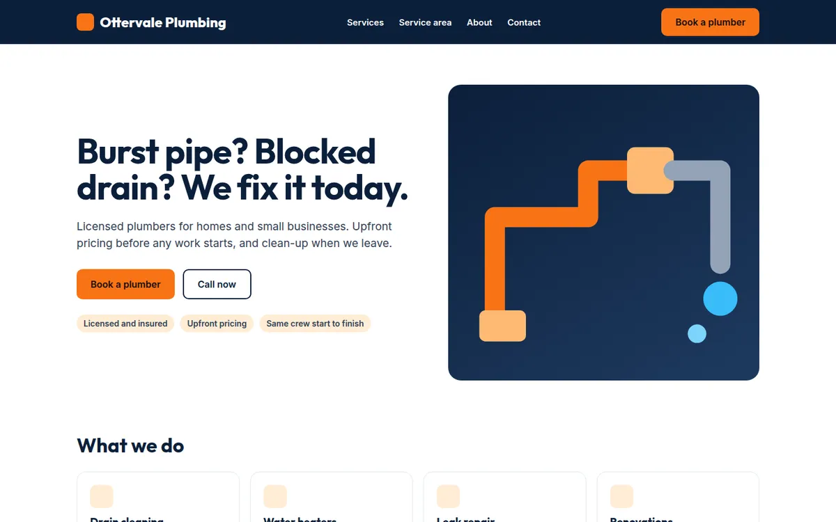 Sample homepage design for a fictional plumbing company, with a booking button above the fold