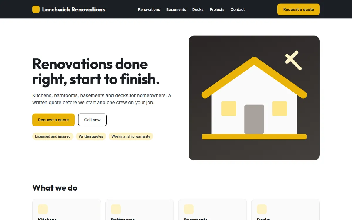 Sample homepage design for a fictional renovation contractor, with a request-a-quote button